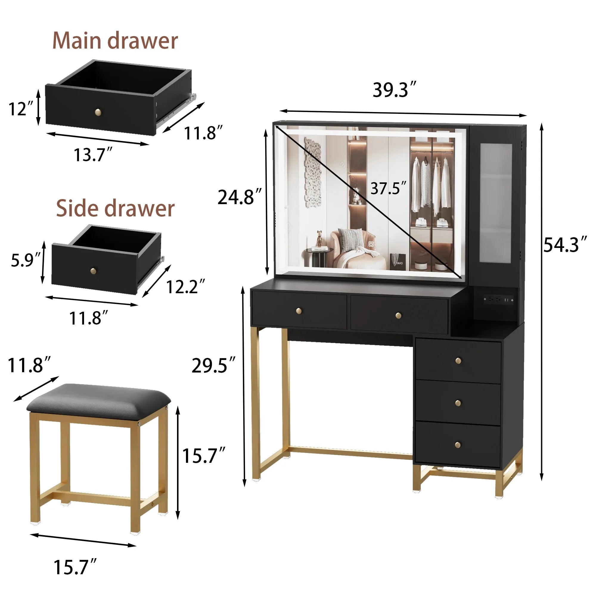Wooden dressing table with stool/7 drawers/mirror/adjustable brightness suitable for makeup bedroom home room - united