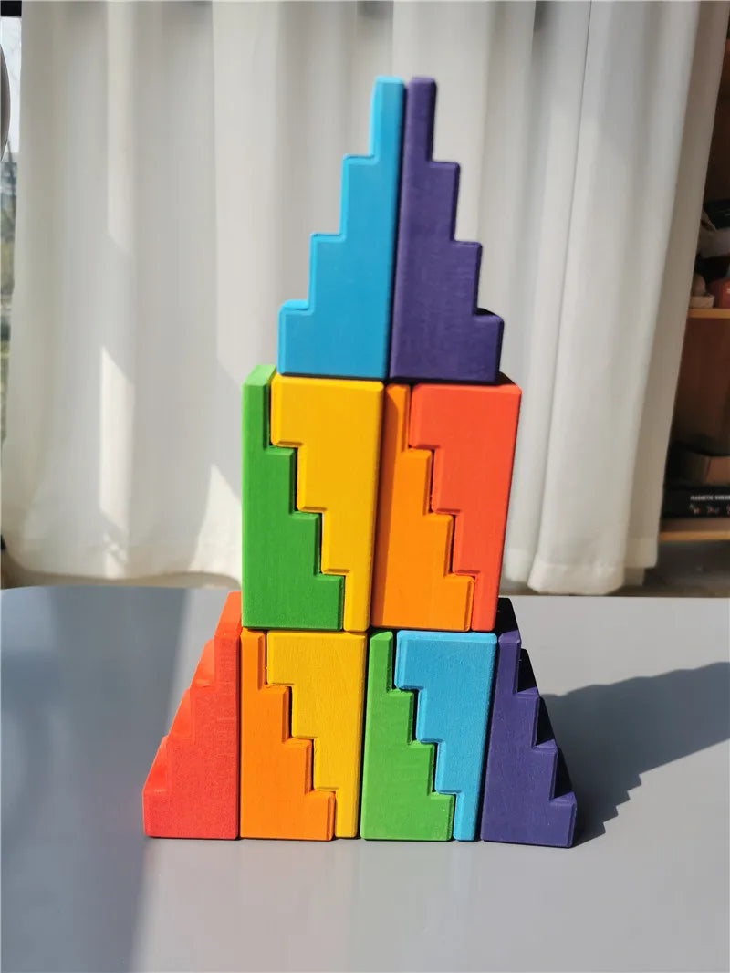 Big size wooden blocks lime rainbow building stacking castel step shape cubes corner stones for kids creative play