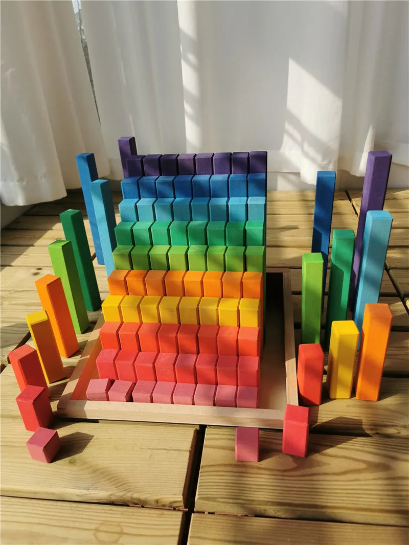 Large wooden building blocks set rainbow stacking counting timber square construction tube toys for kids educational