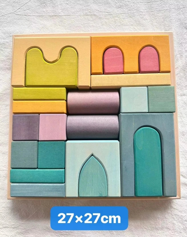 Big size wooden blocks lime rainbow building stacking castel step shape cubes corner stones for kids creative play