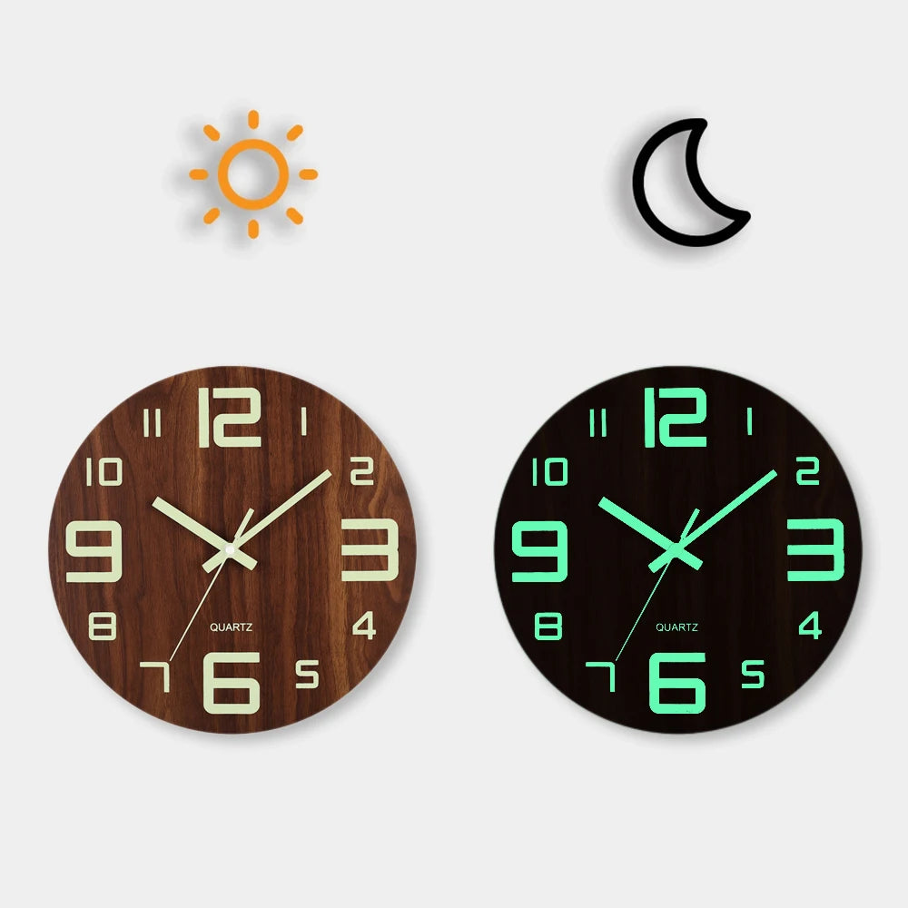 12 inch luminous wall clock wood silent light in dark night nordic fashion non ticking with night light - yg002 / inch