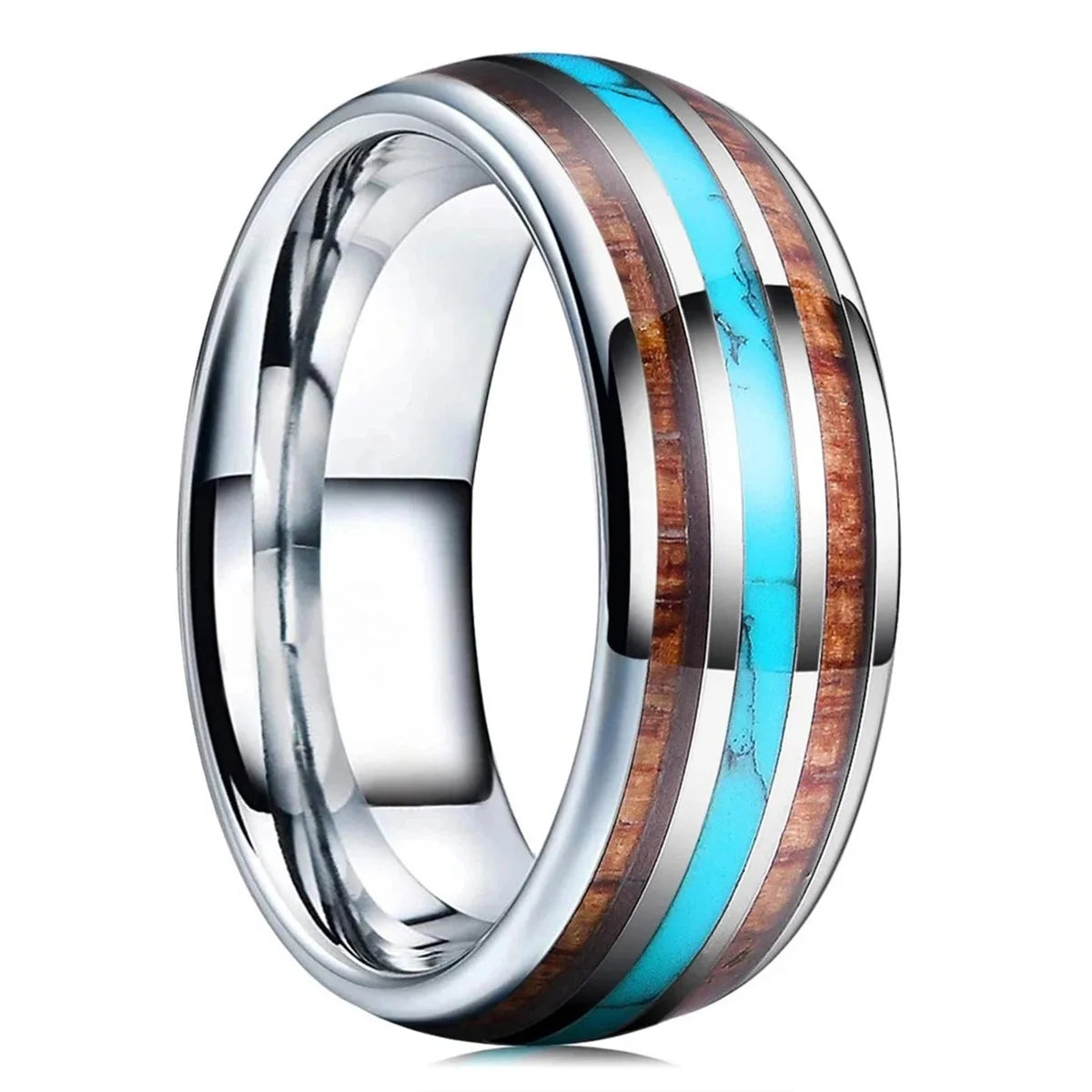 Fashion 8mm men titanium steel koa wood rings for women dome polished stainless wedding band jewelry gifts - s37