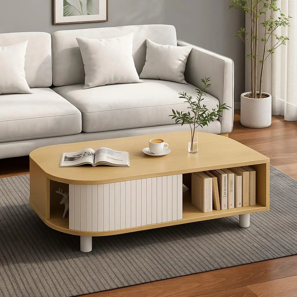 39’’ mid-century leaf coffee table wood storage center w/ fluted sliding door - oak / united states