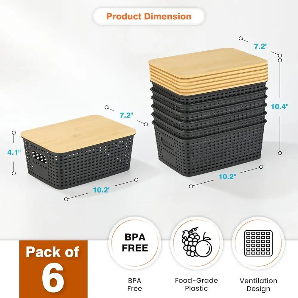 Stackable plastic storage baskets with bamboo lid portable organizing containers home kitchen bathroom closet shelf 6