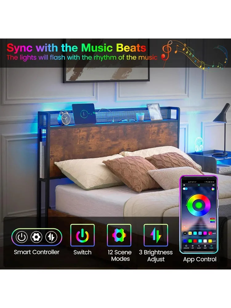 Queen size bed frame with storage headboard and 4 drawers led lights metal platform charging station matt - united