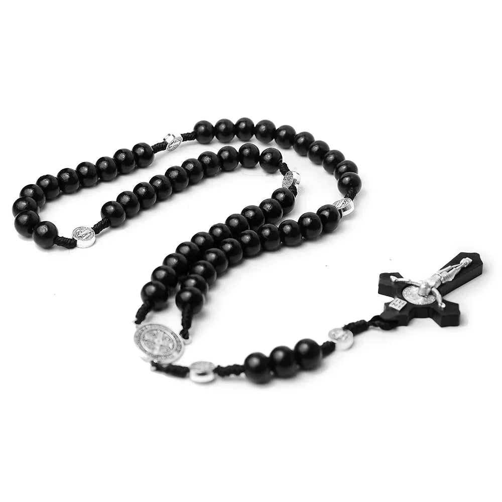 Catholic wood beaded rosary necklaces for women christian inri crucifix cross pendant long chain men religion prayer