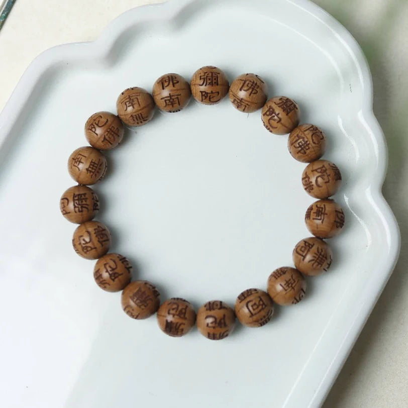 Carved buddha beads six paths wood wooden bracelet reciting hand chain cus made real mantra jewelry - channels of wood