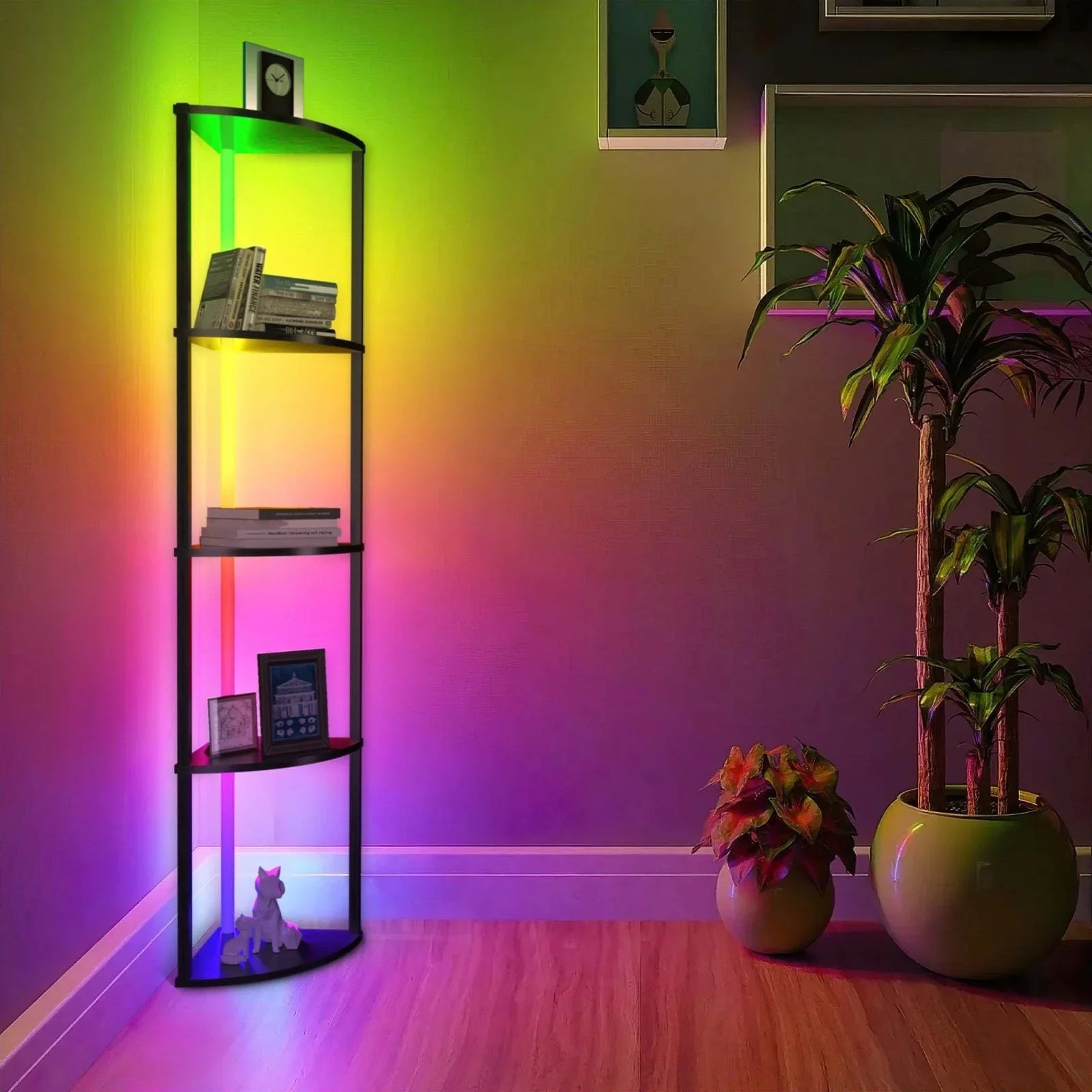 Corner shelf bookshelf with rgb led lights 5-tier organizer 64’’ cabinet wood display - black / united states