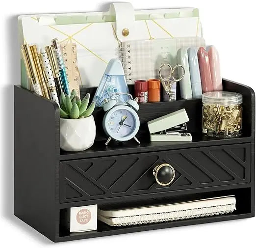 Black wood desk organizer and accessories with drawer bill mail file holder for office supplies access - united states