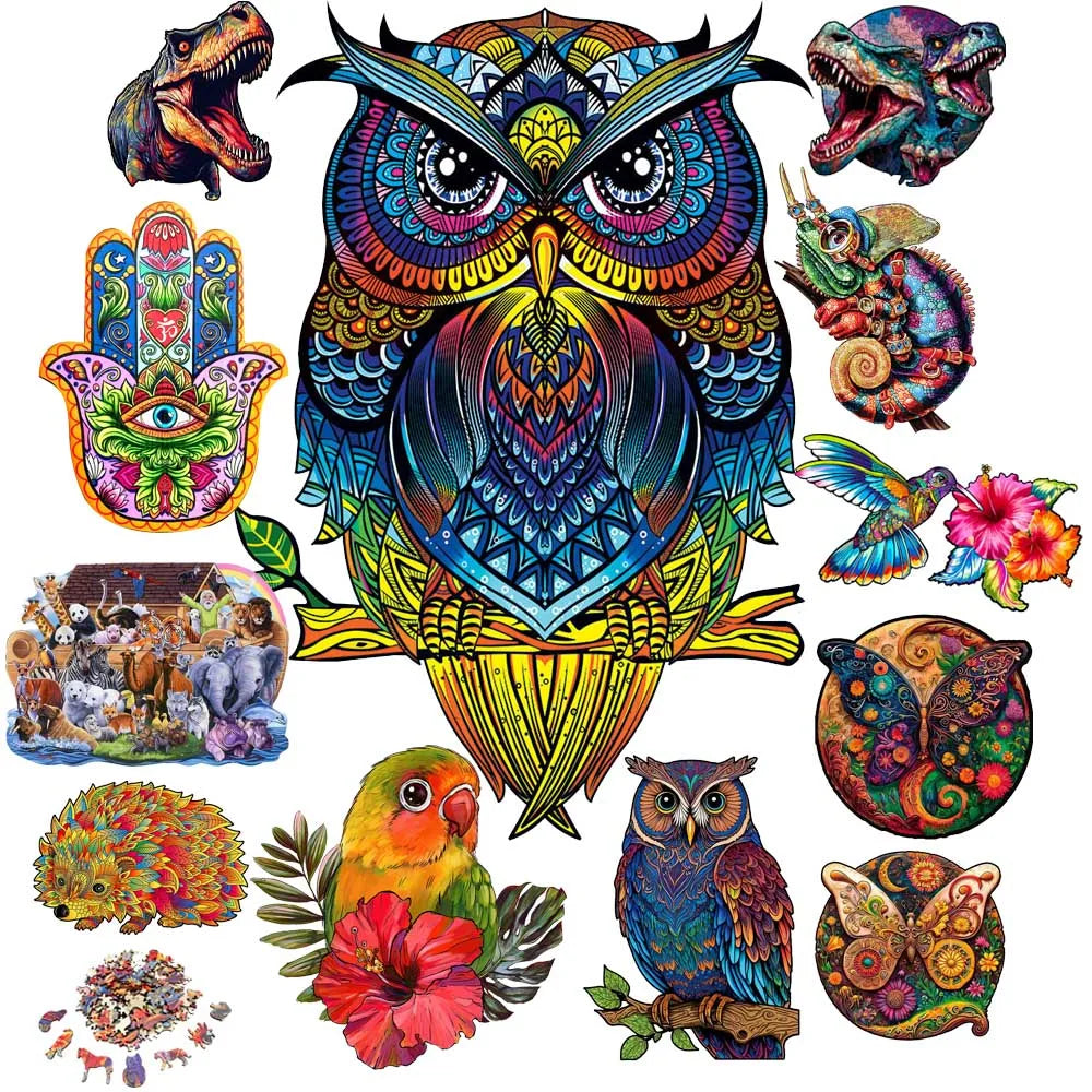 Lovely owl wood jigsaws creative diy games brain twister holiday gifts wooden animal puzzle kids adults high-quality