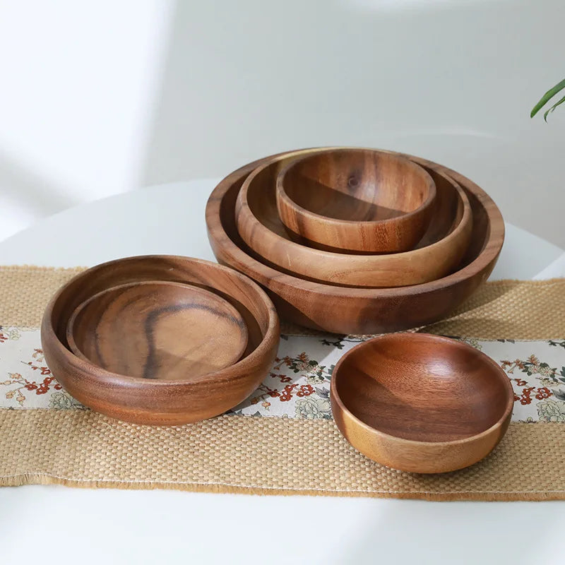 Fine natural hand-made wooden salad bowl classic round acacia wood dining plates premium kitchen utensils