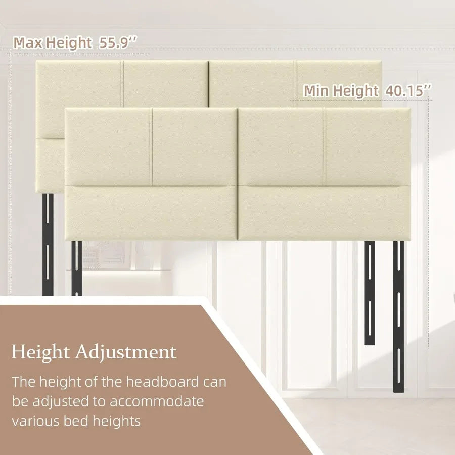 Upholstered headboard king size solid wood head board with sturdy metal legs leather bed height adjustable beige