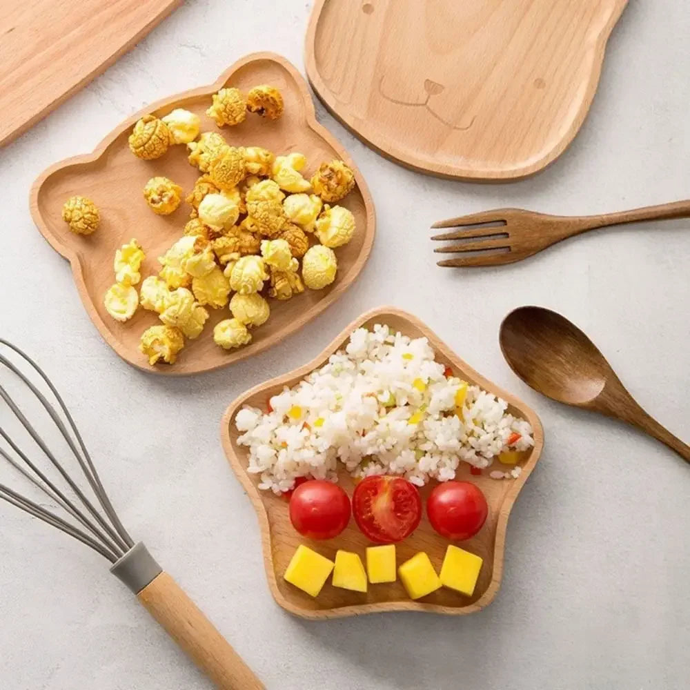 Wood plate cute cartoon cat bear solid fruit dishes tea tray dessert dinner tableware for serving kids baby