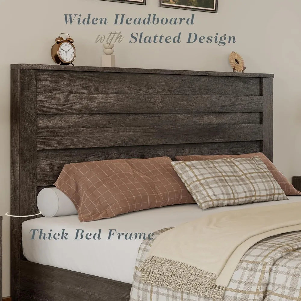 Queen size platform bed frame with 49’’ headboard farmhouse wood slat support/no box spring needed/easy assembly