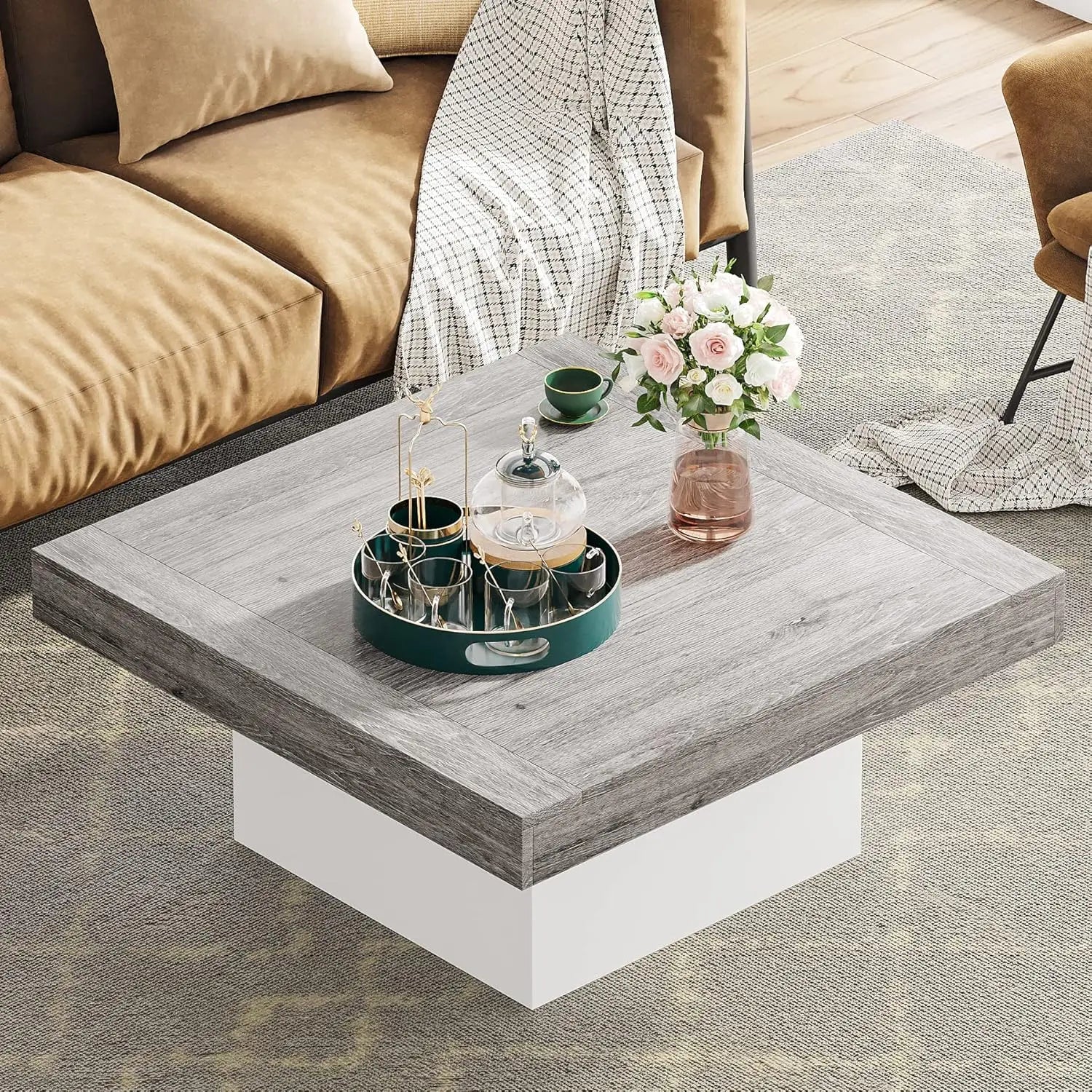 Farmhouse coffee table square led engineered wood low for living room - united states / brown