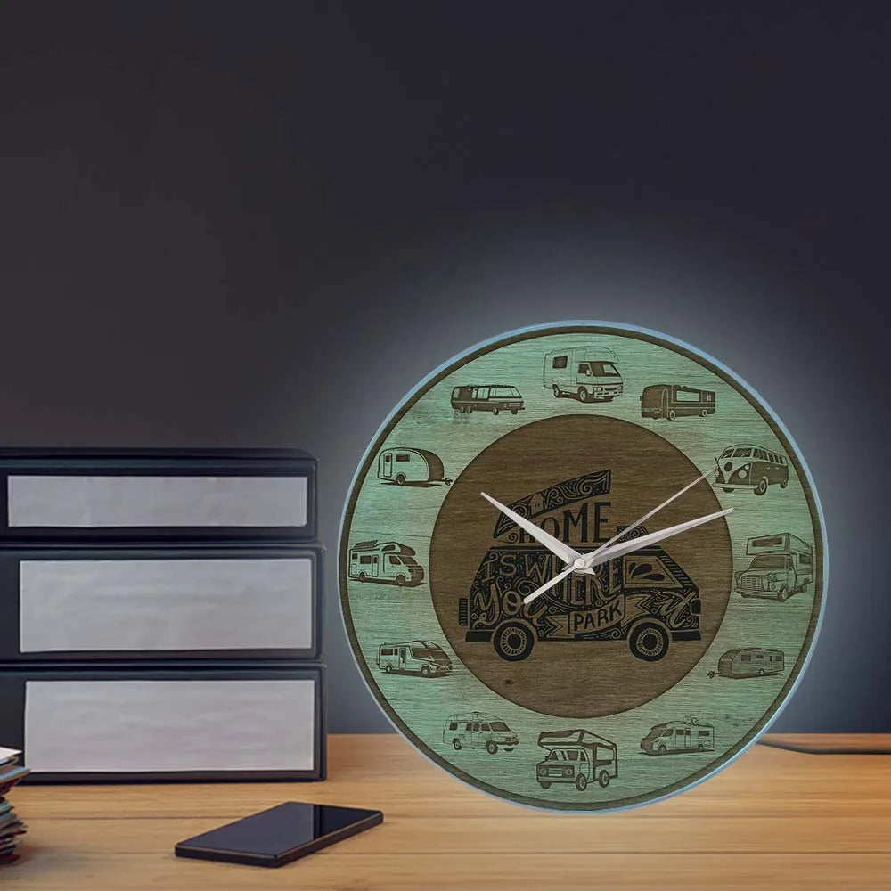 Home is where you park rv recreational vehicles wood texture acrylic print wall clock camper vans motorhome travelling