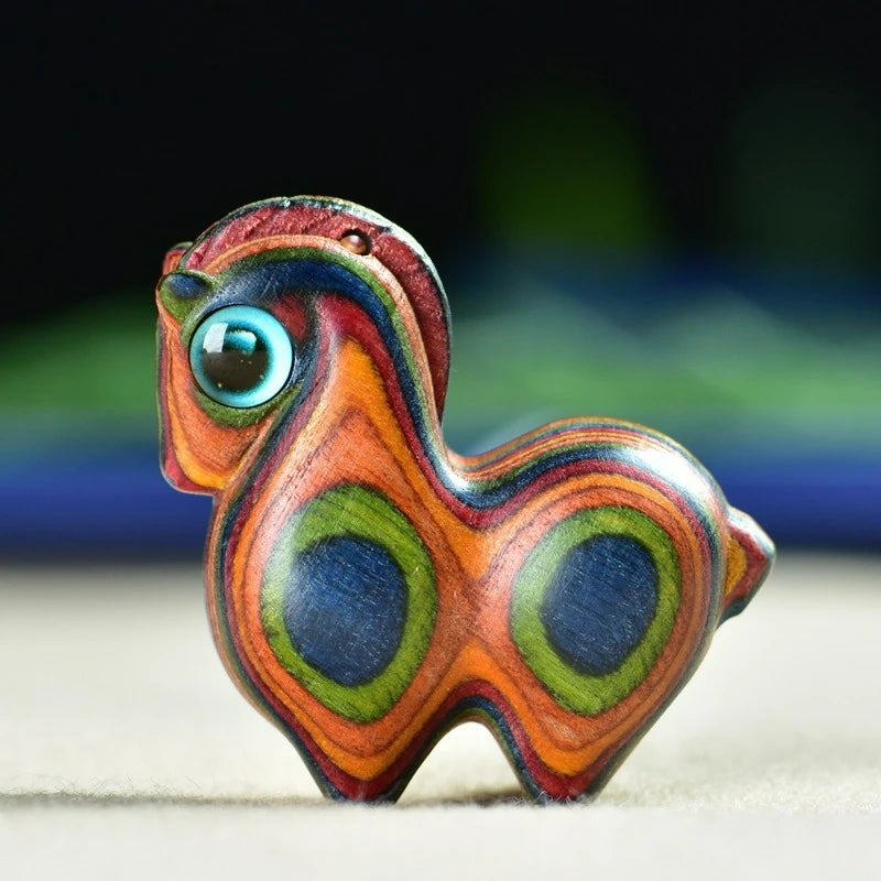 Natural wooden carving mini rainbow horse handcrafted miniatures ornaments diy figurine pendant keychain accessories