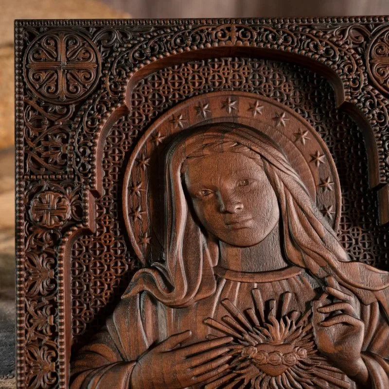 Religious church virgin mary sacred heart wood sculpture catholic saint image home decor - (christian)