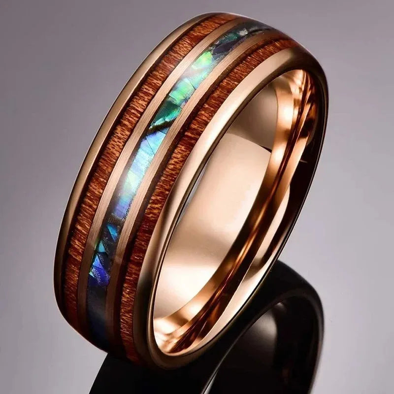 fashion-8mm-men-rose-gold-color-stainless-steel-rings-inlay-hawaiian-koa-wood-and-abalone-shell-rings-for-men-wedding-jewelry