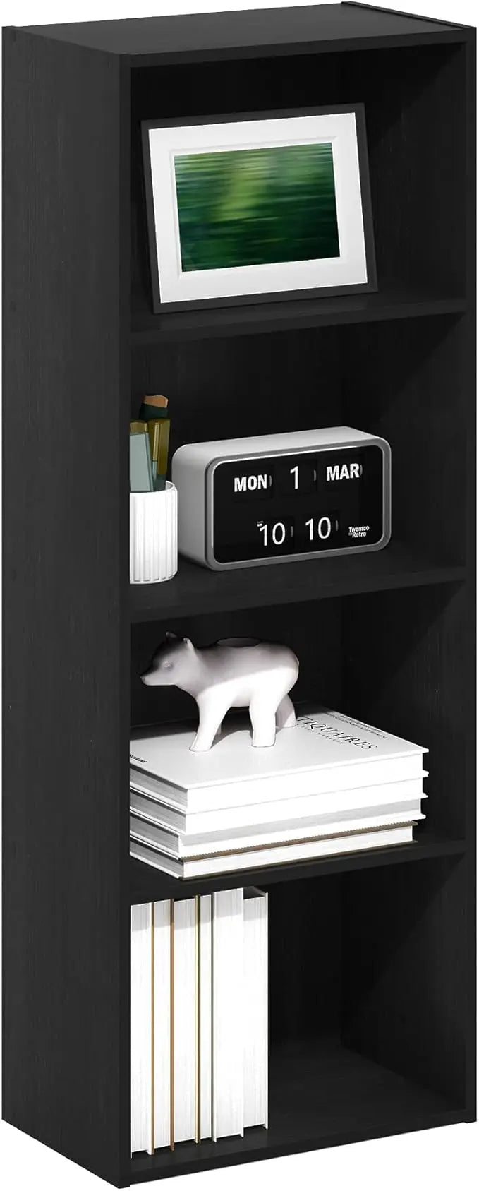 Four-tier wooden bookshelf with storage black finish - united states / blackwood