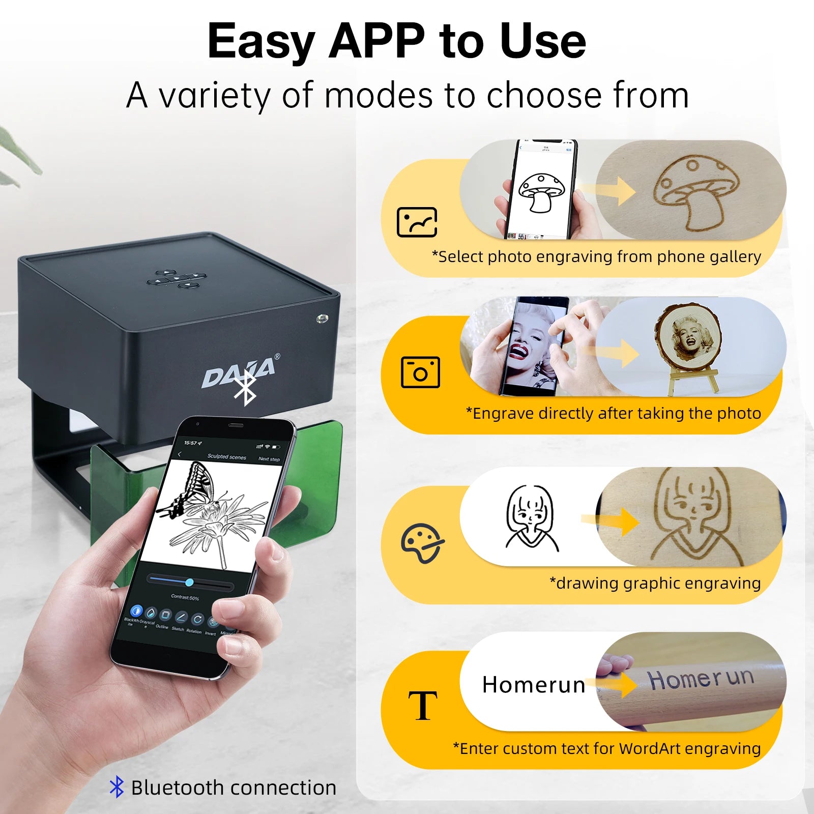 Daja dj6 laser engraver mini portable bluetooth diy cut engraving machine engrave mark wood painted metal acrylic glass