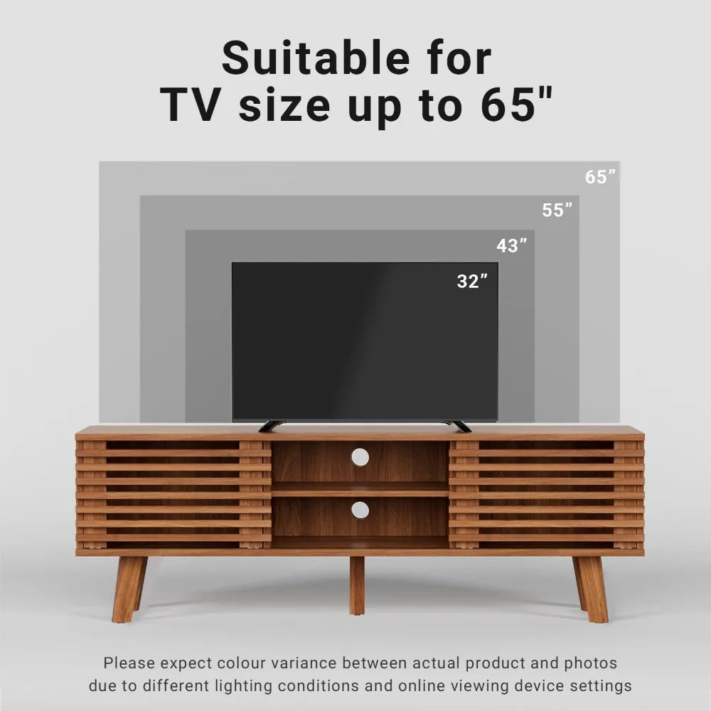 Mid-century modern tv stand for 55-65 inch tvs entertainment center with sliding doors and storage shelves media consol