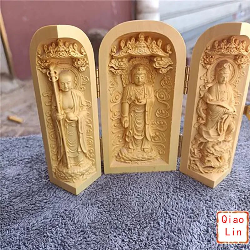 Solid wood carving three open buddha statue collapsible sculpture living room and bedroom decoration modern art