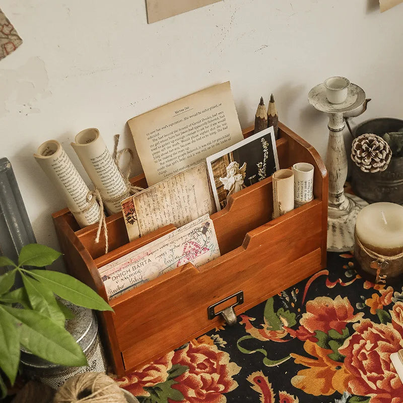 Retro wooden desk storage box multi-layer doll figure display stand desktop drawer type cosmetic jewelry decoration