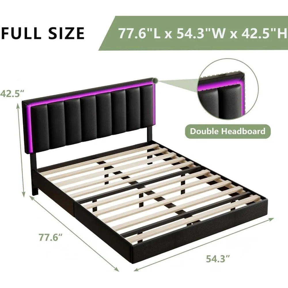 Floating bed frame full with led lights upholstered headboard solid wood slats support