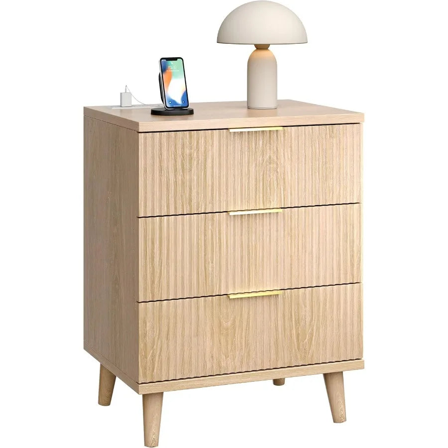 Fluted nightstand with usb charging station 3 drawer dresser wood modern night stand bedside table quiet drawers large