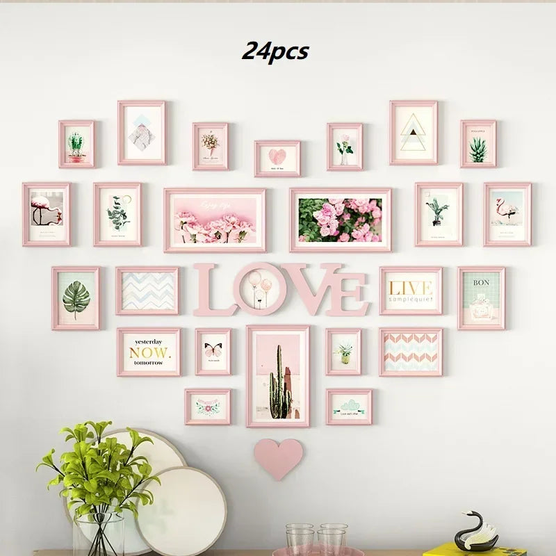 Solid wood heart-shaped photo wall decor frame creative love album background set stylish art unique picture display