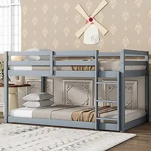 Low bunk beds twin over floor bed frame junior loft for kids boys girls teens natural - gray with ladder / united states