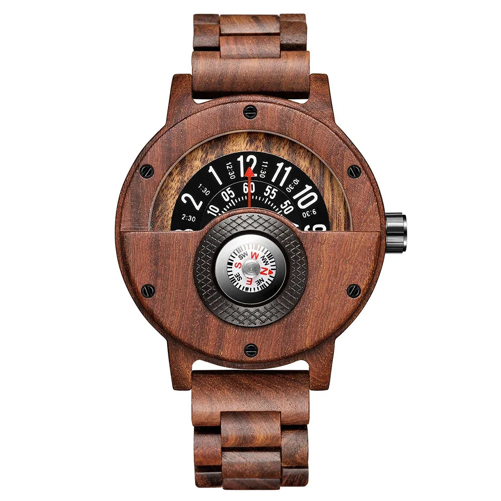 Multifunction wooden wristwatch for men quartz wrist watches creative compass man clock black walnut red wood band case