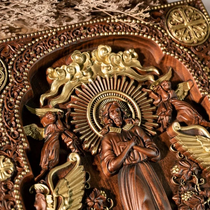 Chinese jesus christ icon of ascension wooden and lion home living statue - gold / high 35cm - religious (christian)