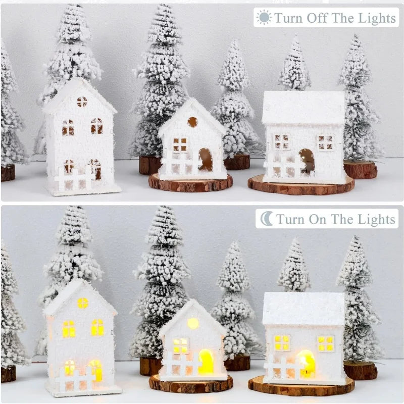 Led lighted christmas village houses xmas snow wooden winter building figurines holiday party decor - decorative
