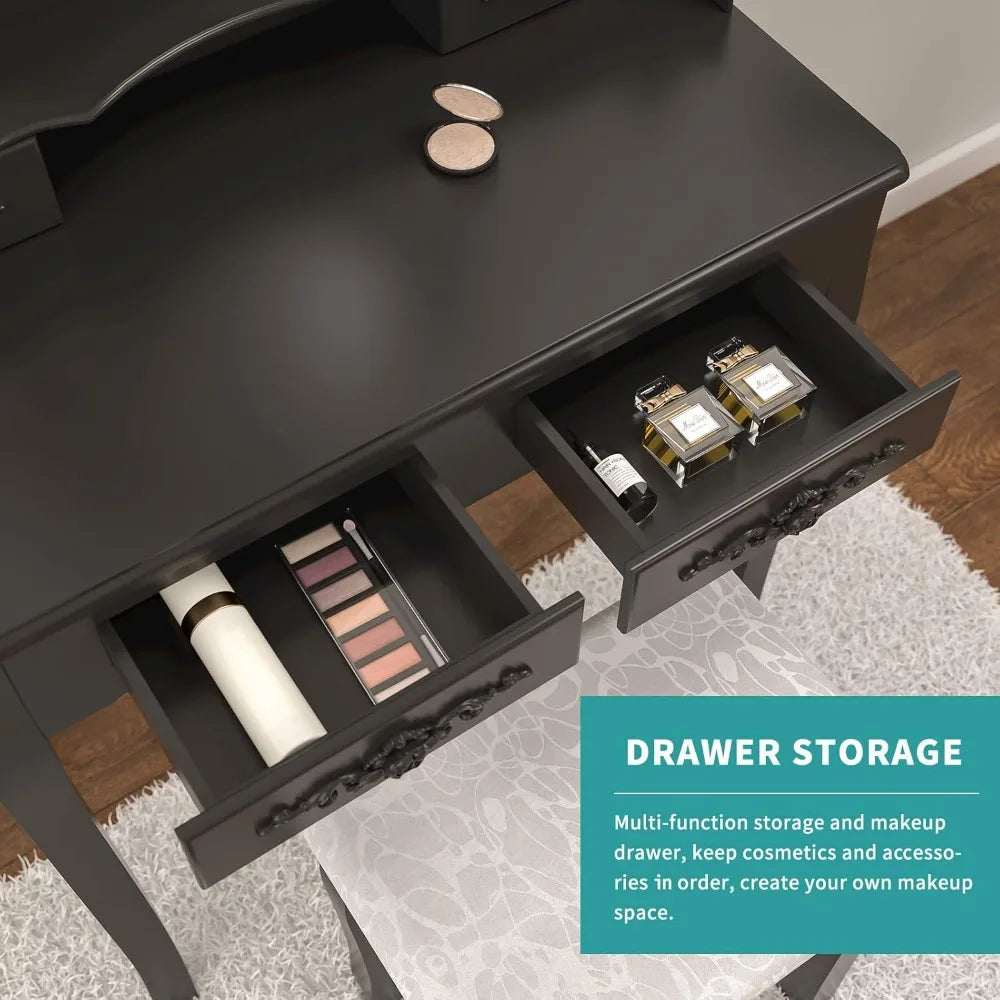 Girls vanity desk makeup set with mirror & stool table black 4 drawers vintage rose carving - united states