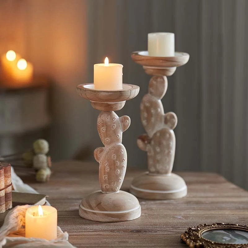 Japanese wooden candle holder solid carved cactus base nordic home decor christmas ornament creative stand gift
