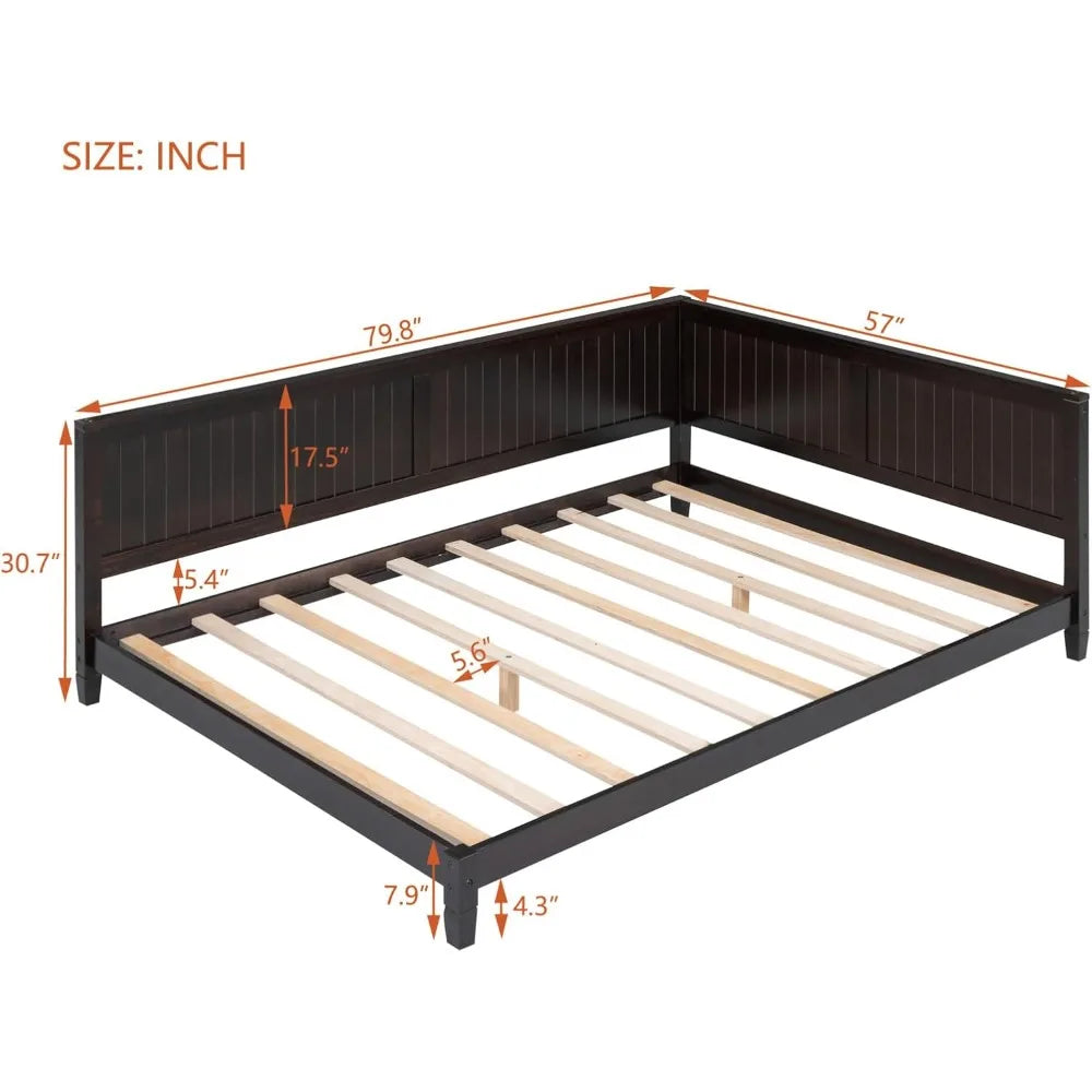 Full size daybed frame with backrest wooden sofa bed slats support and l shape platform