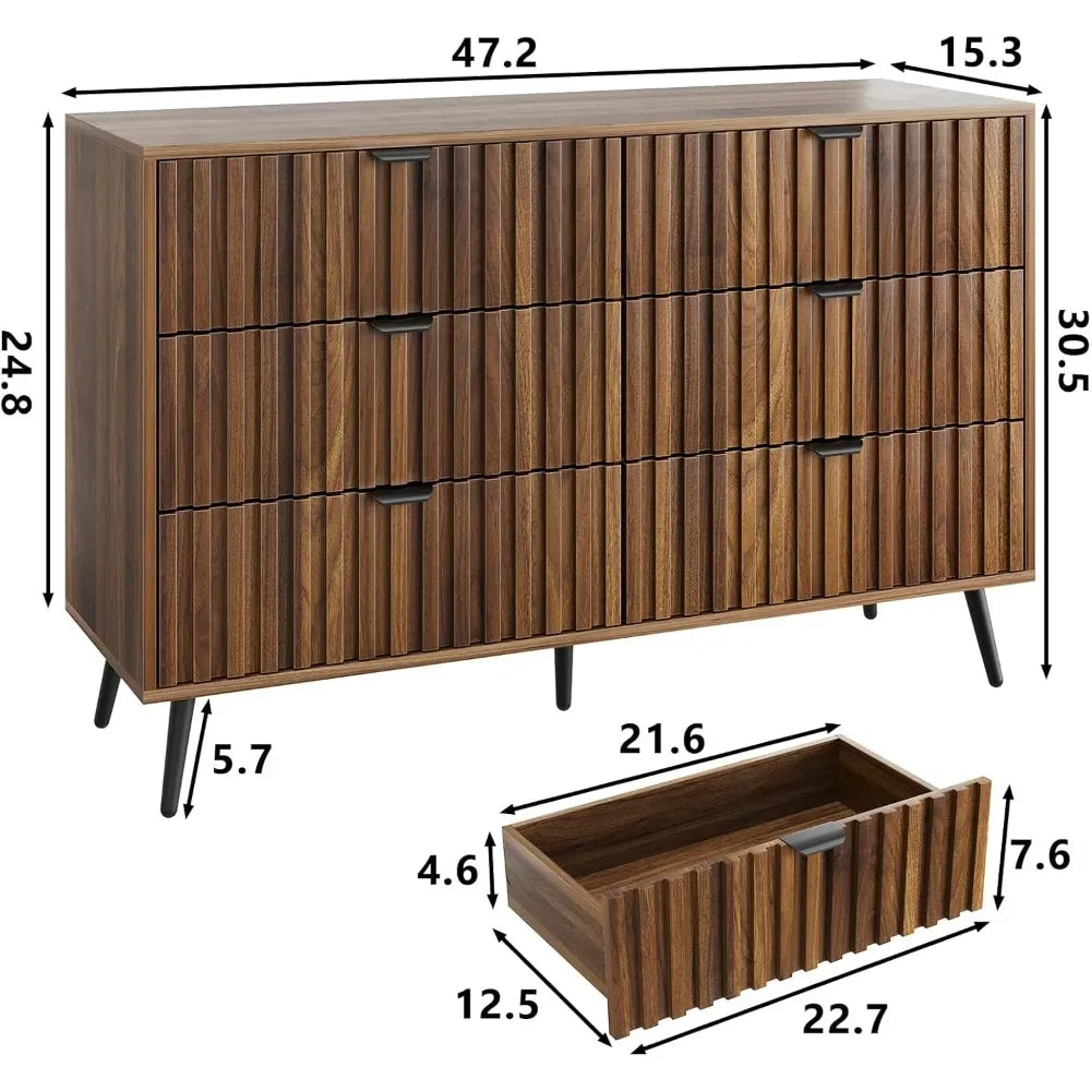 6 drawer dresser for bedroom 47.2’’ w walnut chest of drawers with fluted panel modern double closet wooden tv sta
