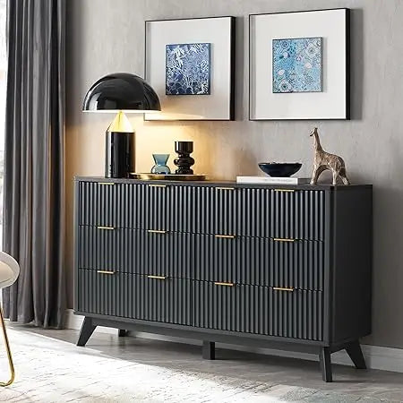 Fluted 6 drawers dresser 54’’ wide modern chest of with faux marble top curved profile design tv stand wood - dark grey