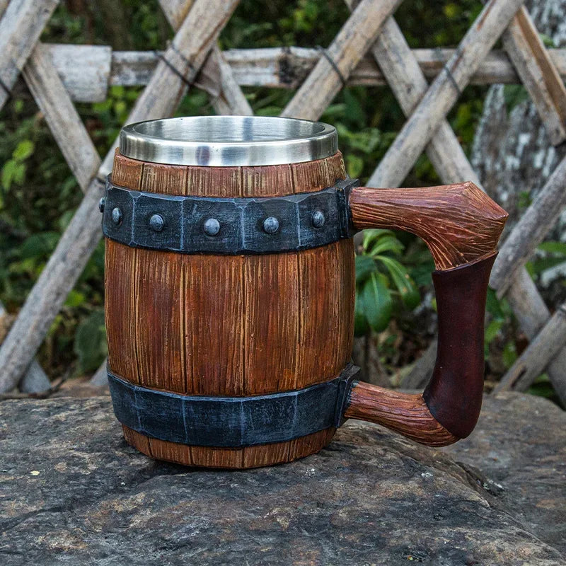 Wood barrel beer mug with rivet leather viking style resin stainless steel tankard coffee wine cup christmas men’s gift
