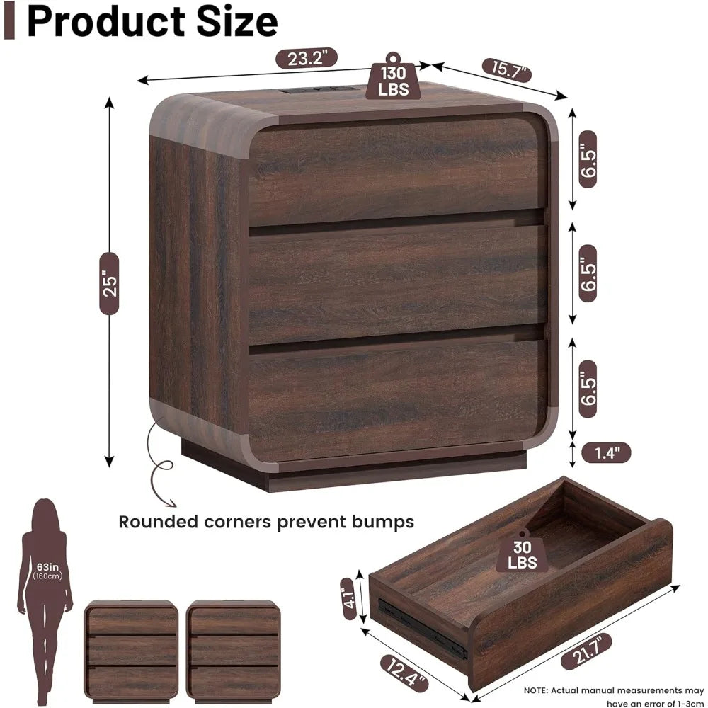 Nightstand 25 tall wooden bedside table with charging station 3 storage drawers side curved profile handleless - walnut