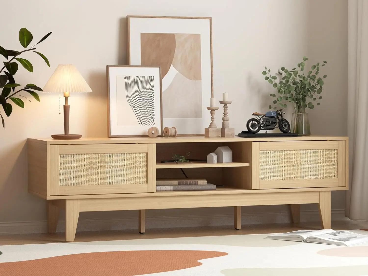 Boho tv stand for 55 65 inch rattan entertainment center with shelves cabinets and sliding doors media console table