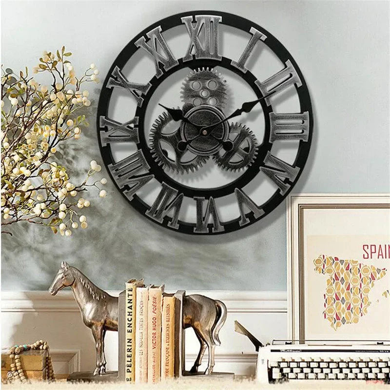 Retro industrial style wall clock european wood home watch decorative for living room office bar art decor horologe