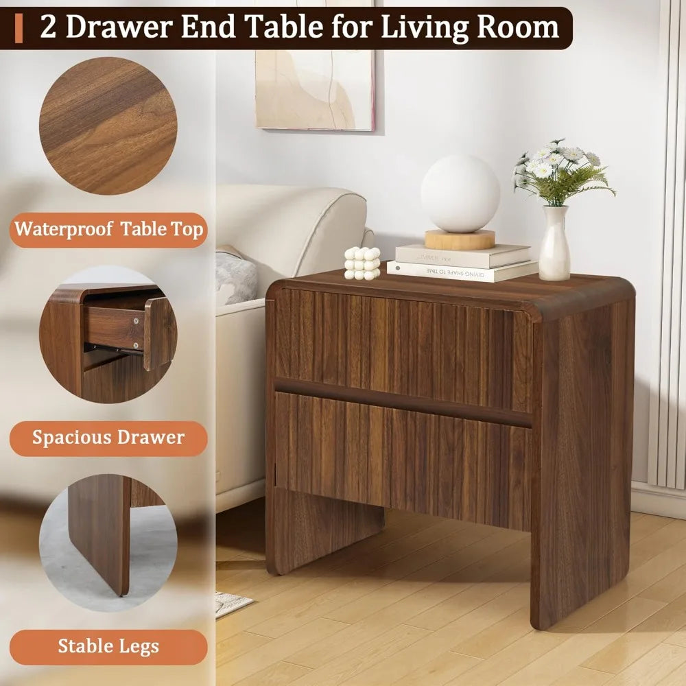 Flute 2 drawer dresser,mid century modern small nightstand with for bedroom wood side table curved profile - 15.8 d x