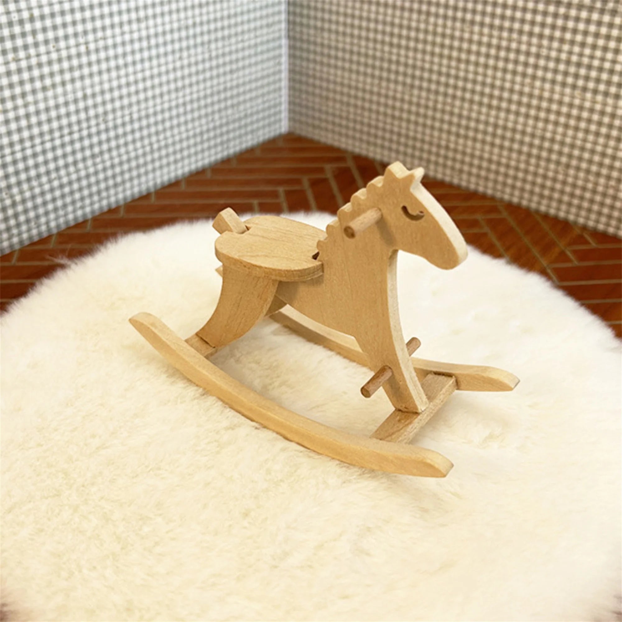Vintage wooden rocking horse miniature figurine for dollhouse decor and photo props in mini scene shooting - light