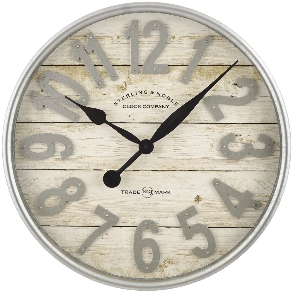 Farmhouse analog wall clock 20 inch indoor metal hands quartz movement arabic numerals photo realistic wood dial