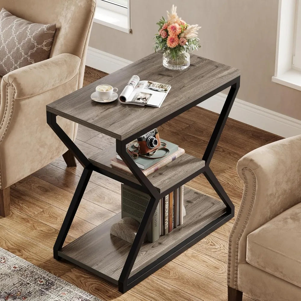 Compact 3-tier wood side table with storage living room accent furniture bedside nightstand for home