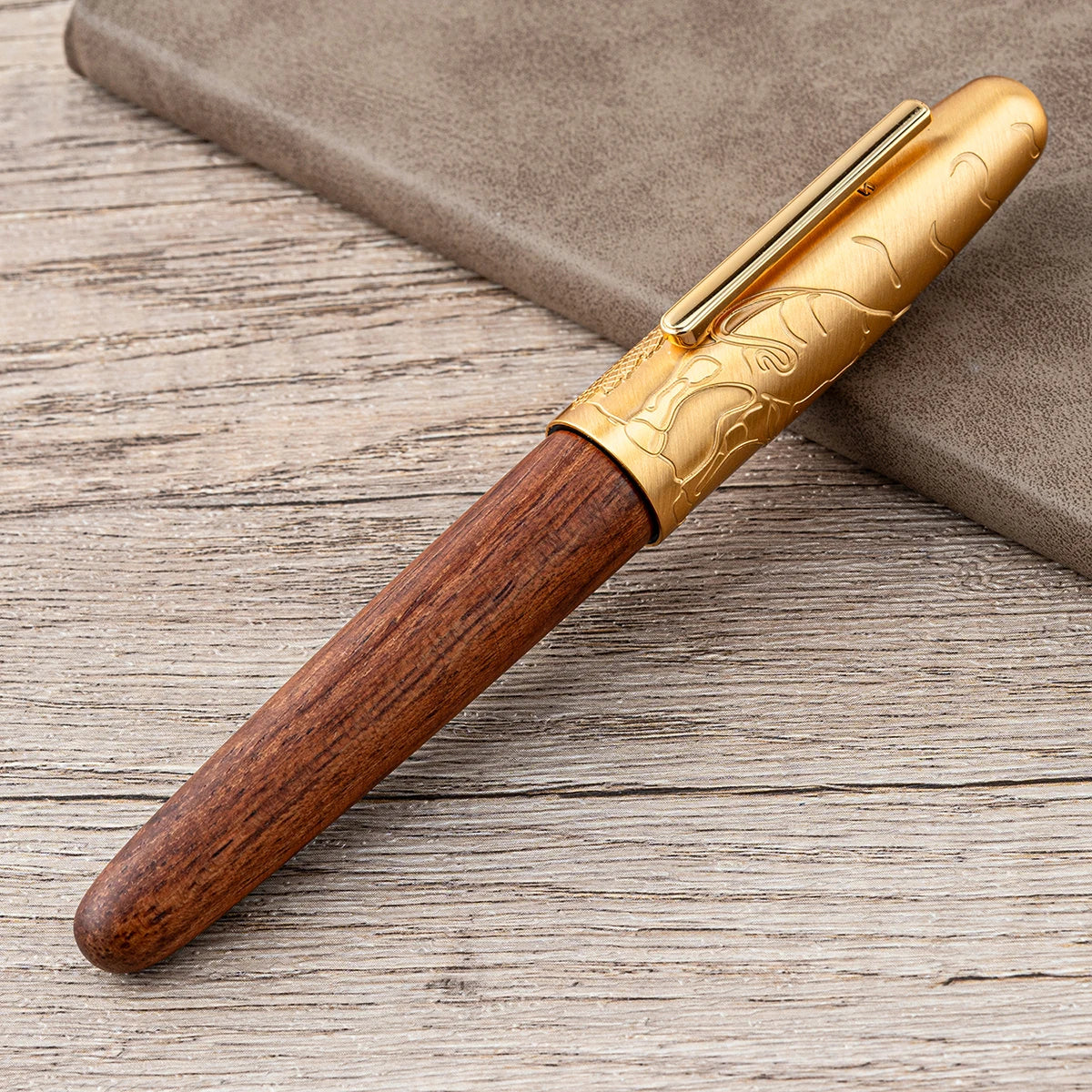 Jinhao wooden fountain pen ef/f/m nib 9056a bull embossed handmade metal writing office gift - golden / ef
