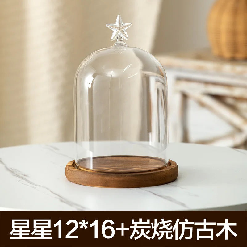 Aromatherapy candle holder ornaments dust-proof glass cover wooden base display box home decoration - pentagram 16cm